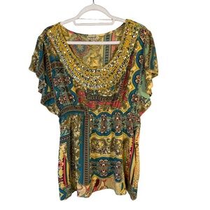 ONE WORLD Multicolor Bohemian Embroidered Blouse Size L Festival Summer Flowy